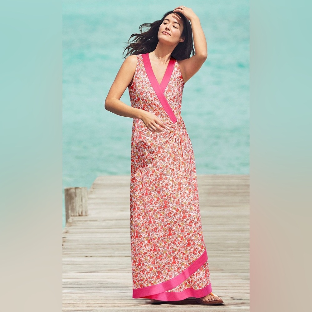 Lands End Womens Faux Wrap Maxi Dress 3X Floral Tank Top Resort Beach Stretchy